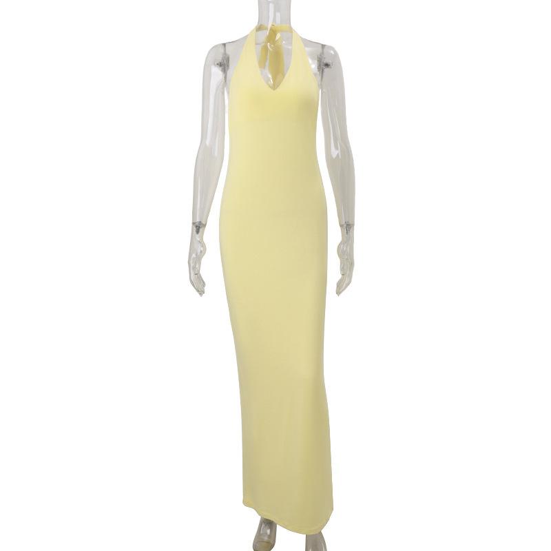 

Women s summer new sexy V-neck neck halter high waist slim solid color dress S жёлтый