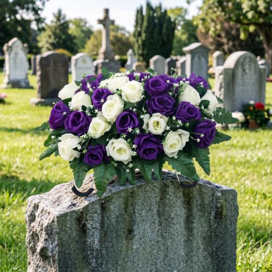Sella Fiorita Artificiale per Lapide Cimiteriale 34 Fiori Rosa Finti in Seta Realistici Resistenti ai Raggi UV Decorazione Floreale Commemorativa per Lapide Esterna