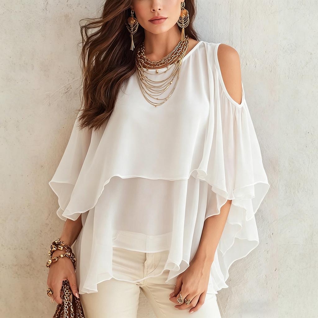 Women's Fashion Casual Chiffon Blouse with Shawl, Mid Length, Round Neck, Lightweight Top