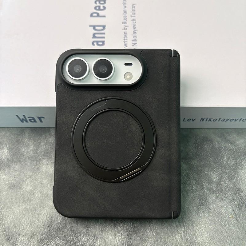 IPhone 18 Duo Foldable Phone Case With 360 Rotating Stand Magnetic Mid-Hinge Full-Body Leather Cover Anti-Drop Protection