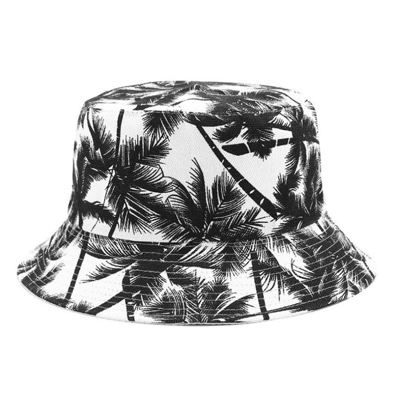 Canvas Fisherman Hat Men and Women Tide Printing Coconut Tree Double-sided Wear Basin Hat Outdoor Outing Sun Hat Versatile Outfits Accessories