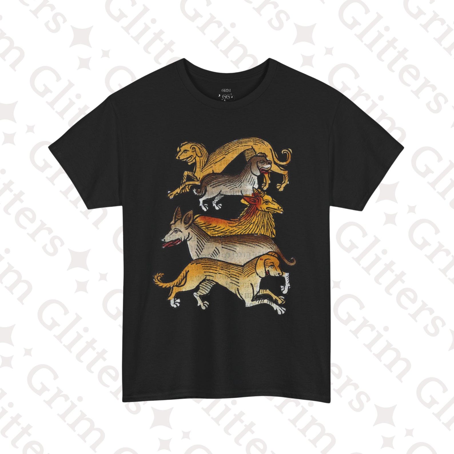Medieval Dogs T-Shirt: Ortus Sanitatis Bestiary, Hand-Colored Woodcut Unisex Tee S