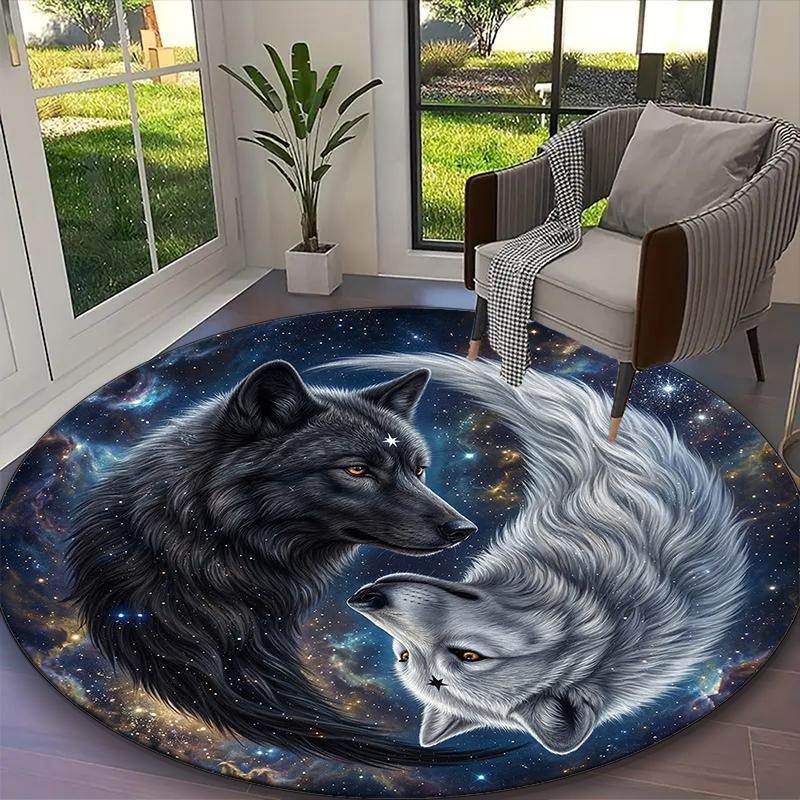1pc Round Rug Appropriate for Office, Cosmic Dual Wolf Carpet, Versatile Printed Chair Rug, Durable Home Sofa Carpet