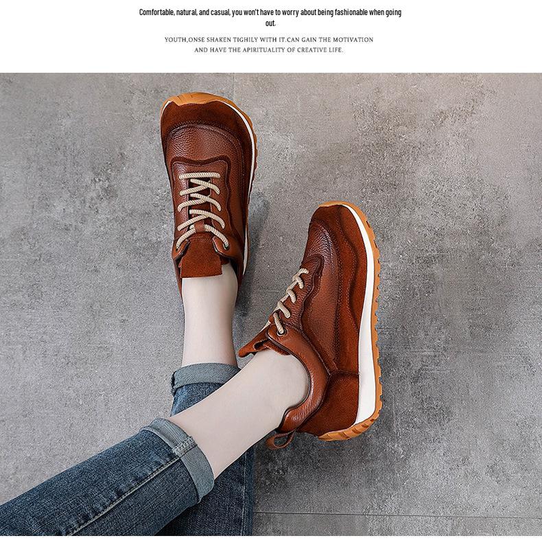Women's Thick Sole Genuine Leather Dad Shoes - Height-Increasing, Casual Autumn/Winter Sports Sneakers