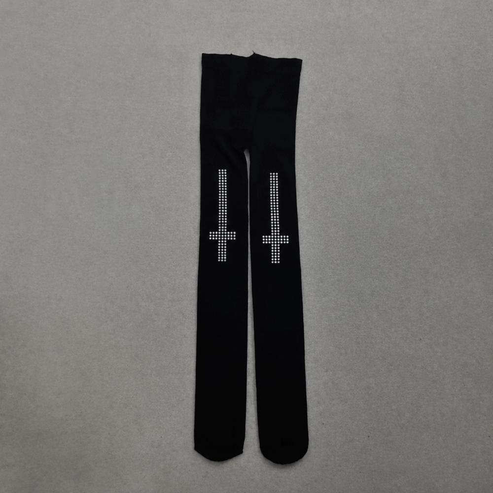 Vintage Cross Pantyhose Breathable Rhinestone Stockings Fashion Black Gothic Tights Party Wear