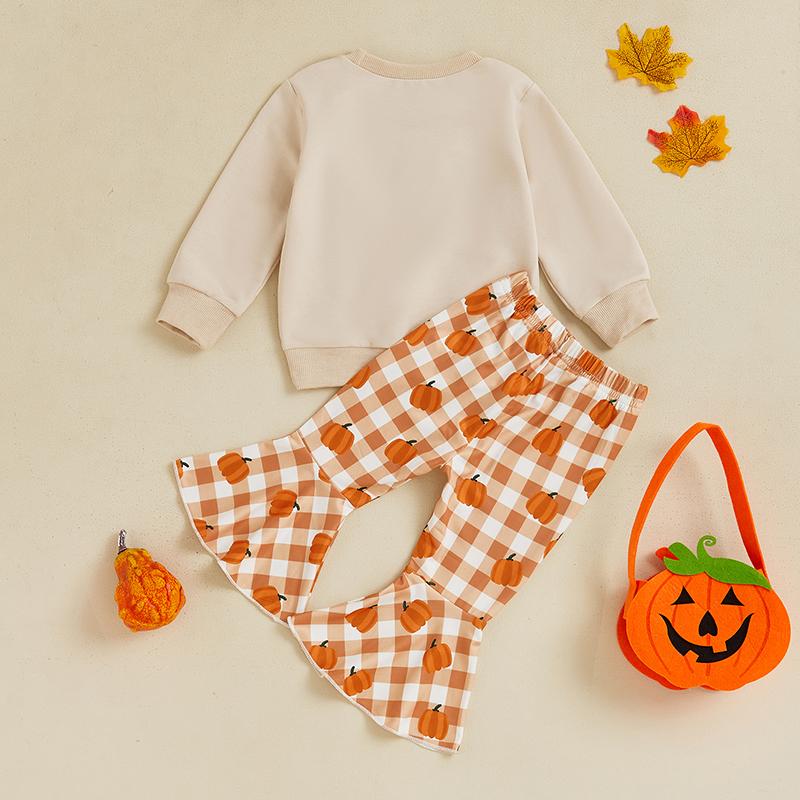 Baby Girls Halloween Set Letter Embroidered Long Sleeve Sweatshirt Plaid Pumpkin Flare Pants Outfits