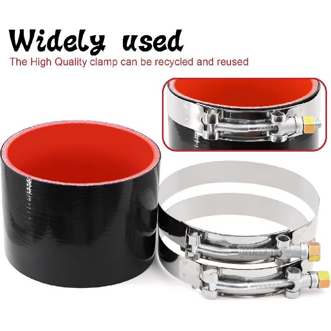 ID 4 Inch(102Mm) High Temperature 4-Ply Reinforced Straight Silicone Hose Performance Coupler With 2Pcs T-Bolt Clamps Suitable High Level Turbo Pipe