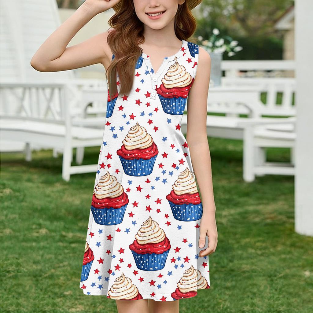 Sommerkleid für Mädchen, ärmelloses Kleid mit Tasche, farbig und gemustert, lässiges Kleid, ärmelloses Partykleid, Unabhängigkeitstag