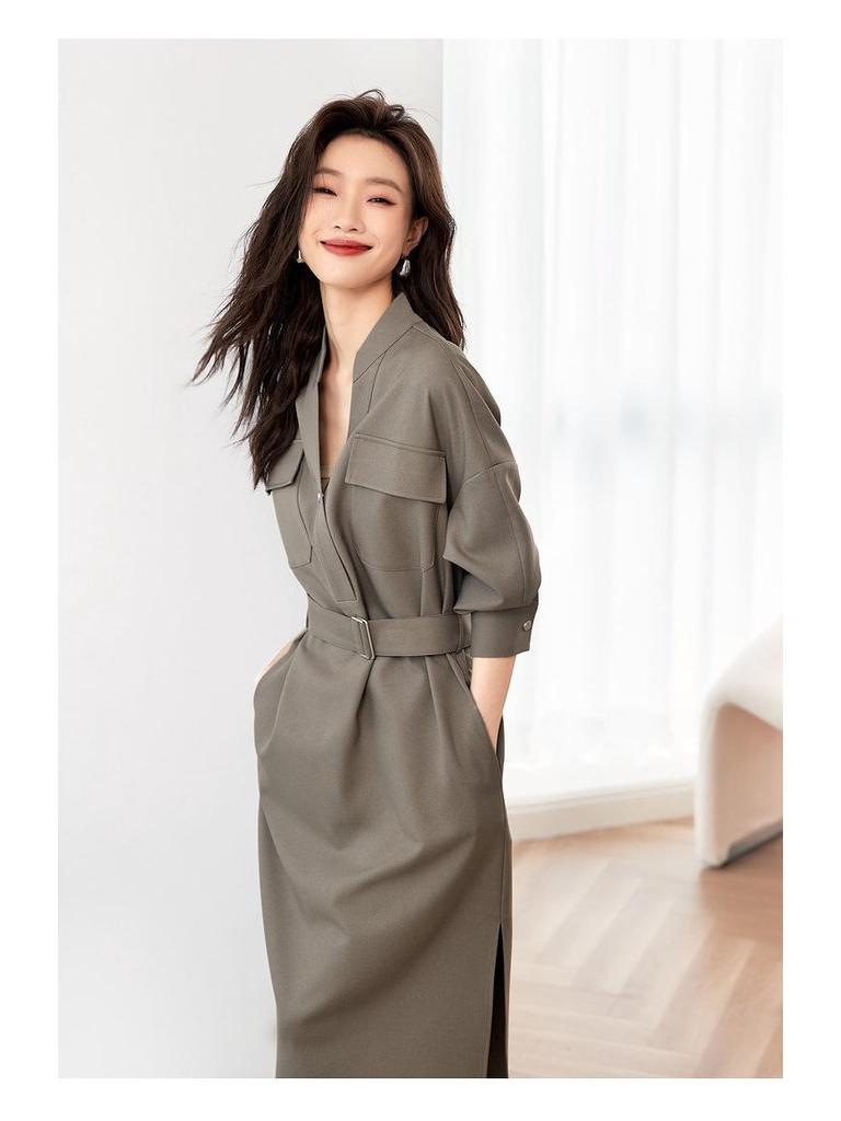 2025 Autumn V-neck Waist-Cinching Slimming Shirt Dress for Women