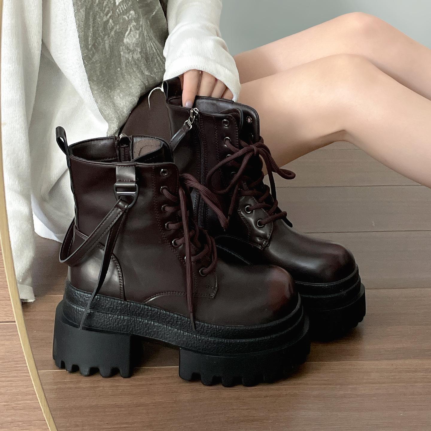 

Retro black premium British platform Martin boots women s 2025 new autumn with skirt and thin short boots 39 коричневый