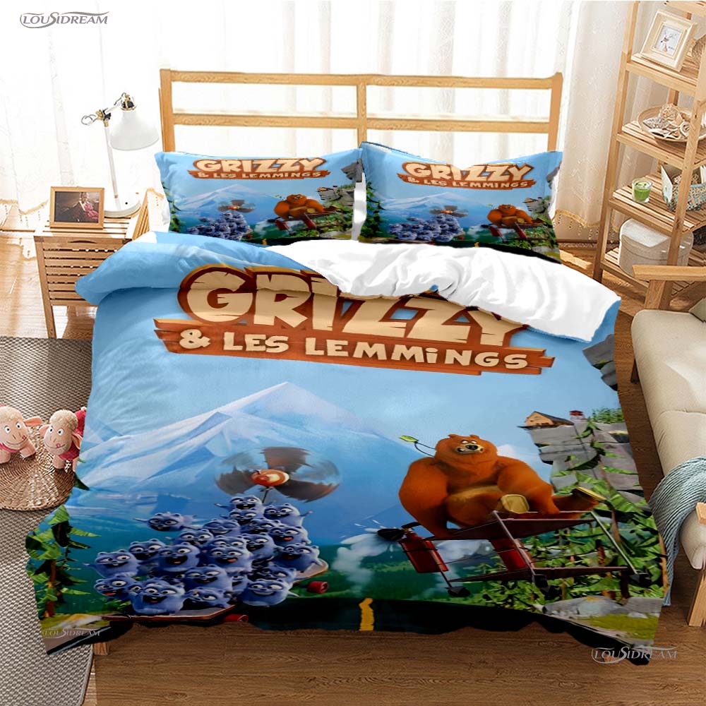 Grizzly und die Lemminge Ganzjahres-Bettwäsche-Set mit weichem Bettbezug und Kissenbezügen, erhältlich in den Größen Einzel-/Doppel-/Queen-/Kingsize.