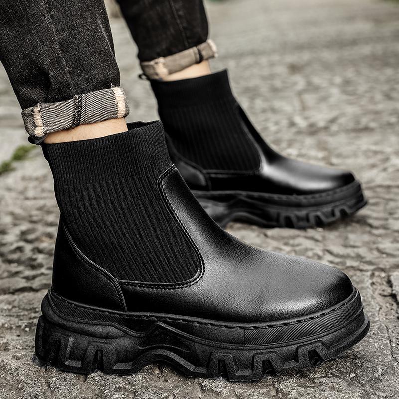 Autumn Winter Men's Chelsea Boots Fashion Designer Socks Boots Men Black Leather Ankle Boots Street High Top Tooling Shoes Men