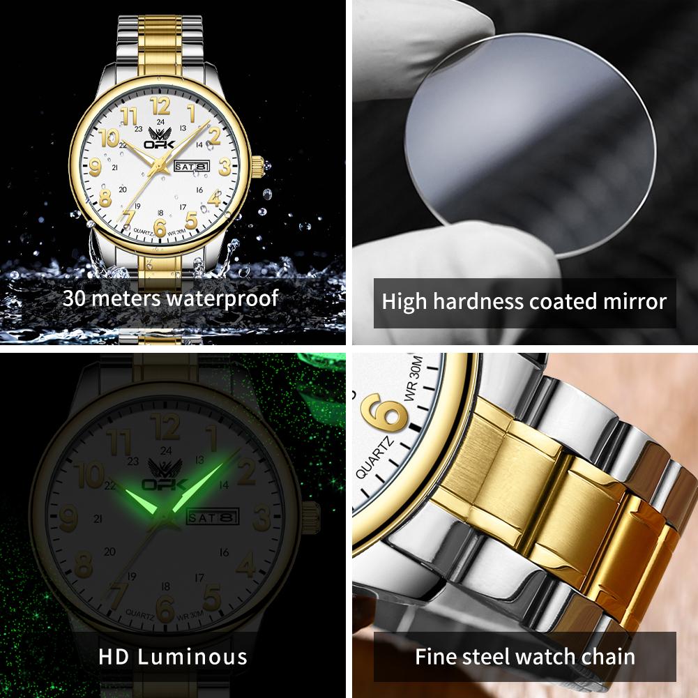 OPK 8176 Man Watch Steel Strap Waterproof Luminous Date Week Classic Digital Dial Simple Business Quartz Wristwatches for Men