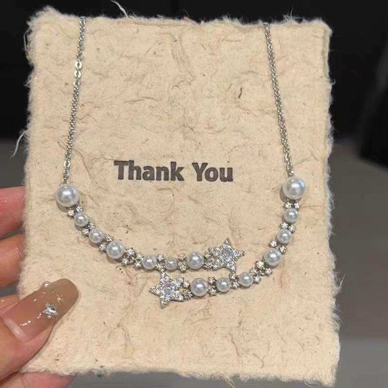 Elegant Pearl & Diamond Star Necklace – Light Luxury Clavicle Jewelry, Versatile and Stylish Five-Pointed Star Design