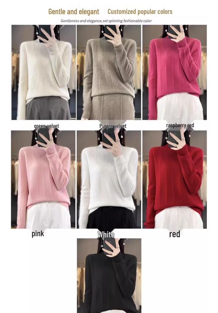 2023 Women's Pure Wool Round-Neck Sweater - Solid Color, Vertical Stripe, Commuter Style, Knitted for Warmth