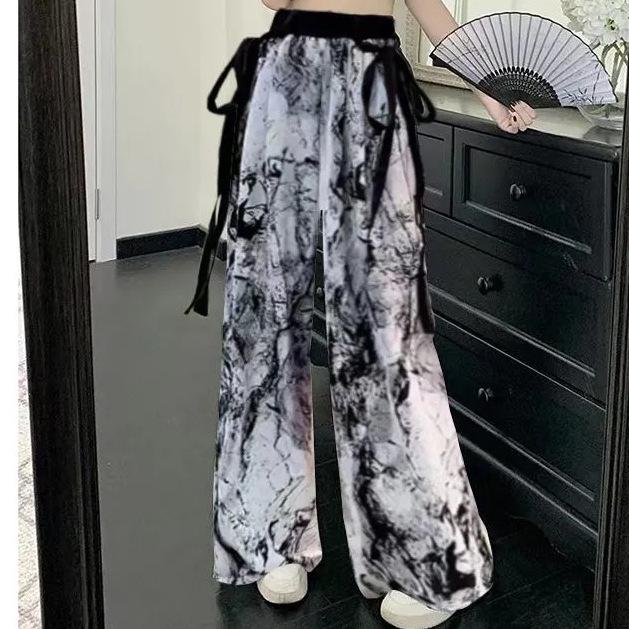 Women's Summer Ink Wash Tie-Dye Ice Silk Wide-Leg Pants with Sashes