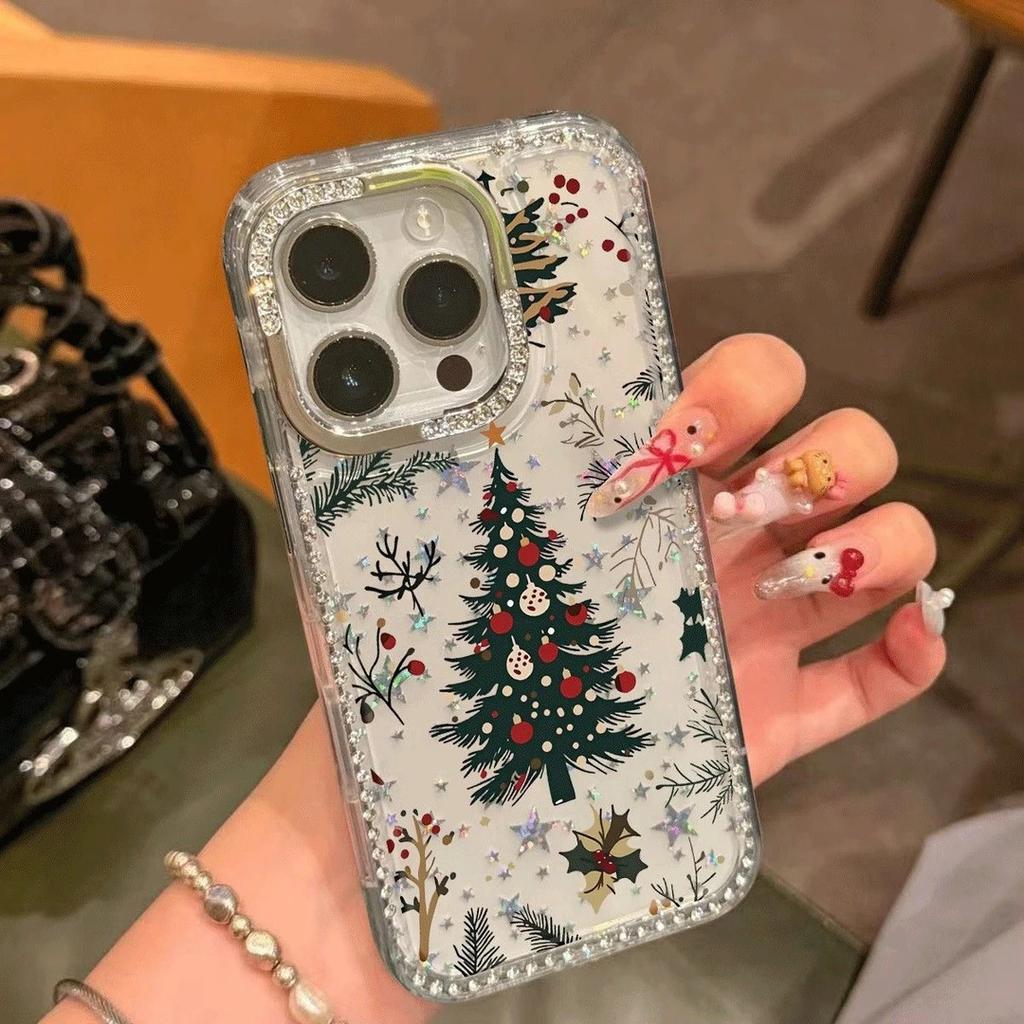 Branch Christmas tree suitable for Apple 16/17promax mobile phone case IP15/14plus flash diamond star 13 large hole
