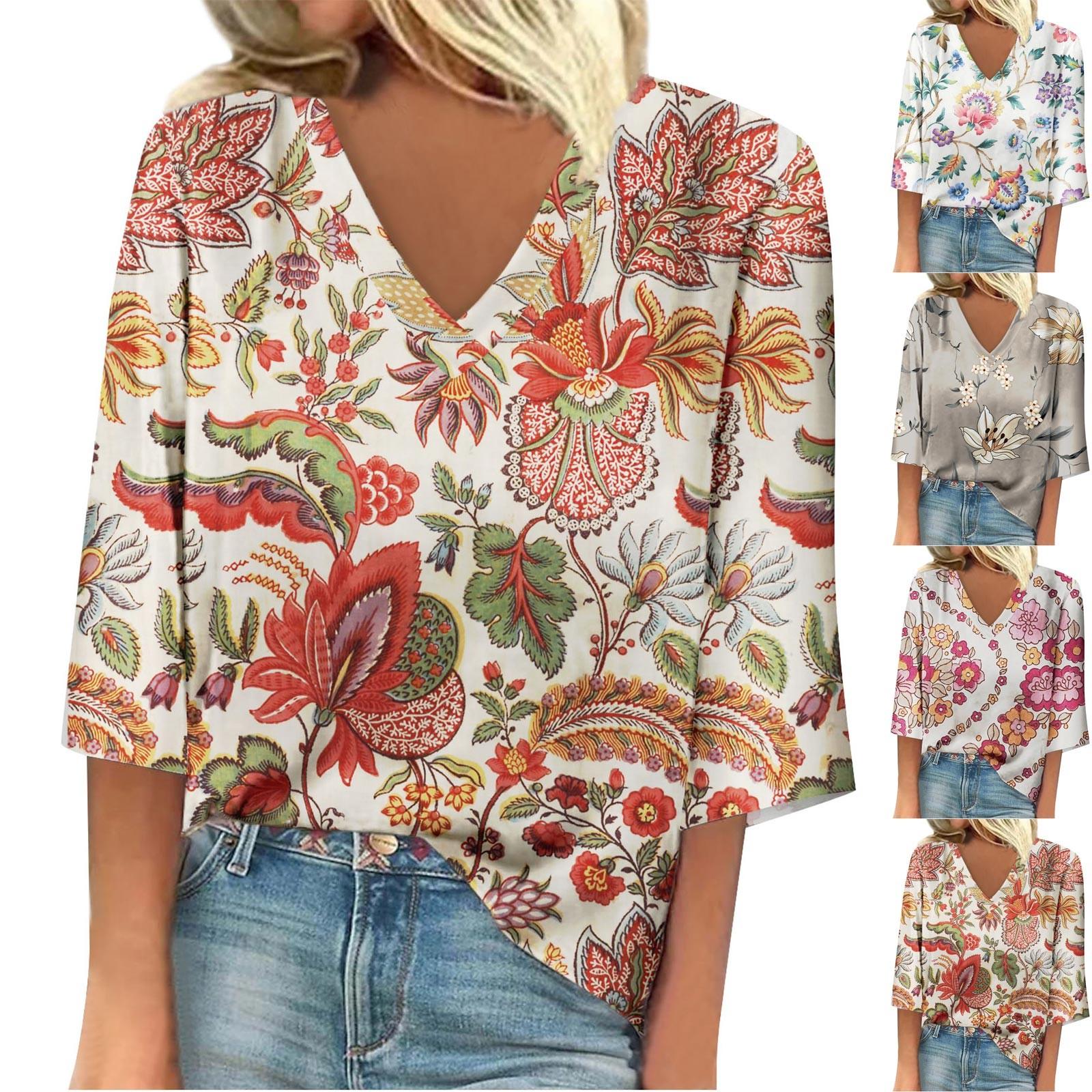 

Женская рубашка, блузка, повседневные свободные рубашки, рукава 3/4, топы с v-образным вырезом и принтом, топы с принтом, футболки, футболки