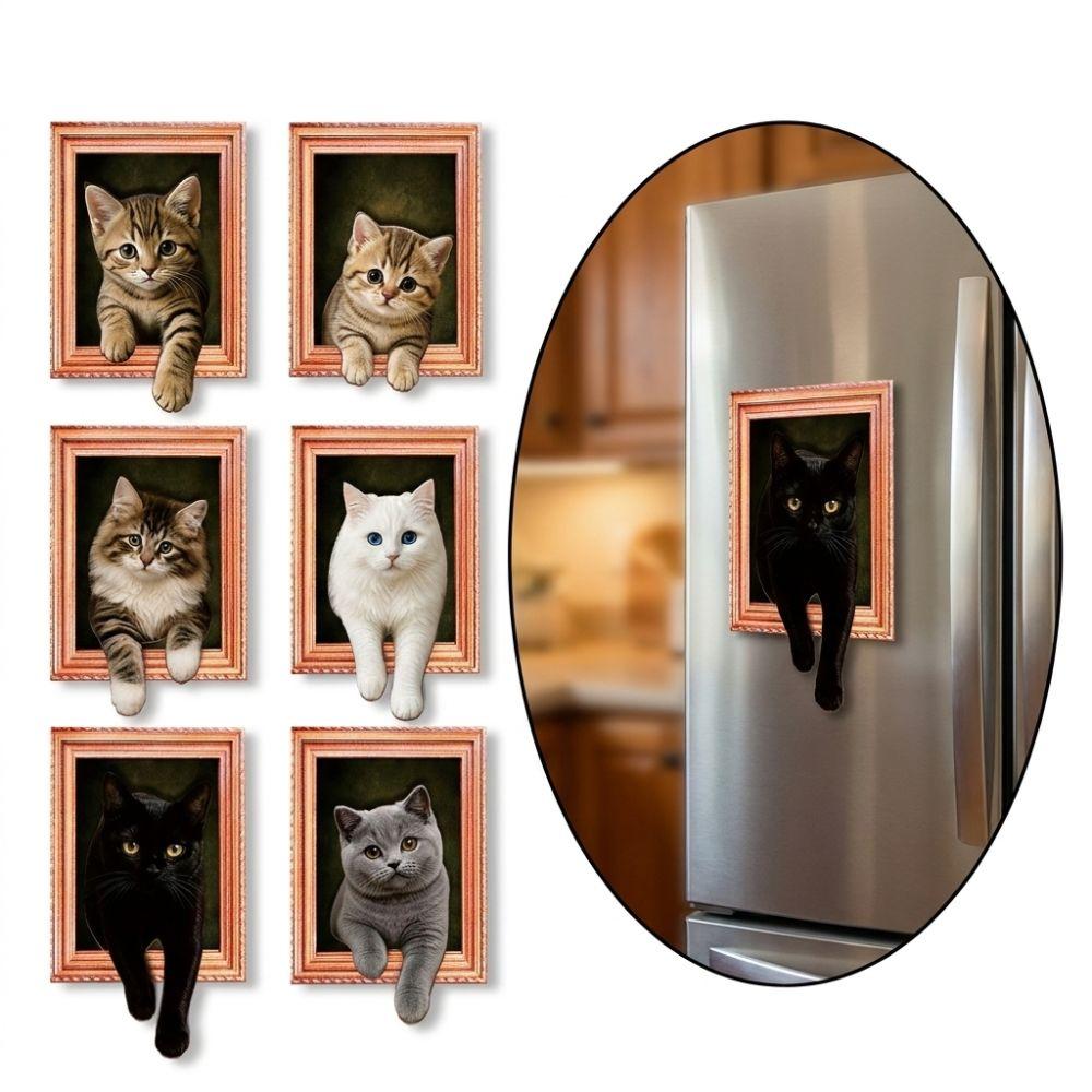 Oil Painting Style Wooden Frame Fridge Magnets 3D Wacky Cat Refrigerator Magnets Home Decoration
