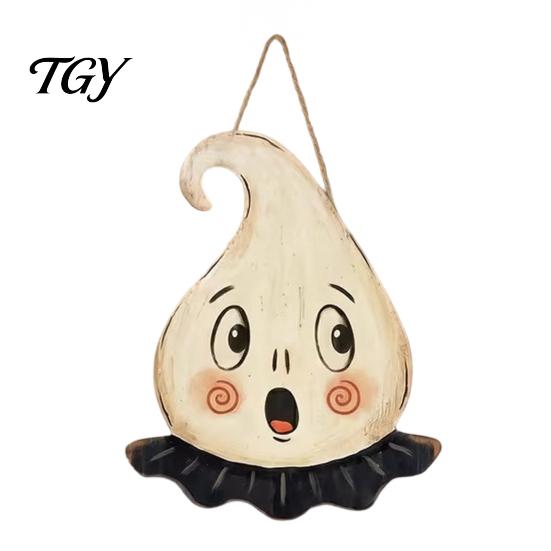Entrance Door Hanging Decor Halloween Wooden Pendant with Lanyard, Retro Ghost/Pumpkin/Skull/Black Cat Solid Wood Festival Ornaments Decorations