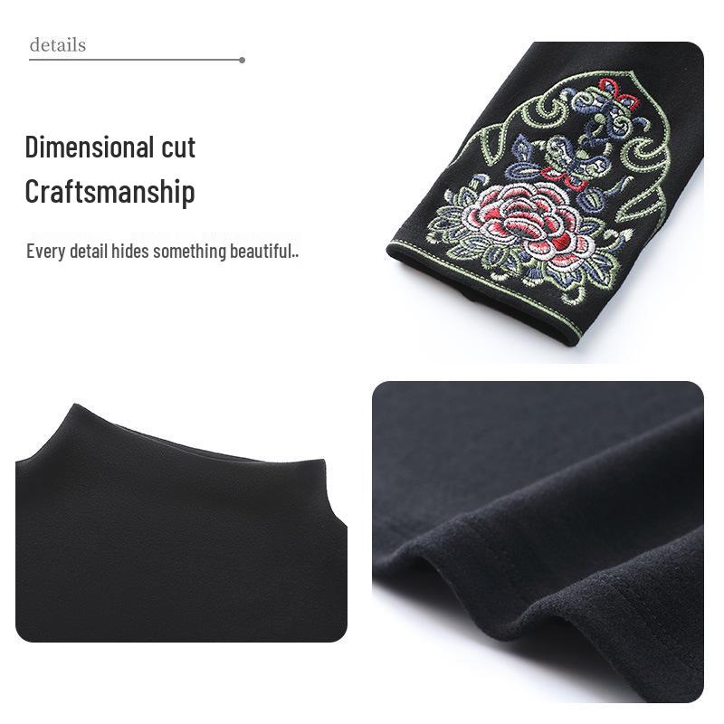 Camiseta de Felpa Bordada de Cuello Semi-Alto para Mujeres de Mediana Edad - Colección Otoño/Invierno