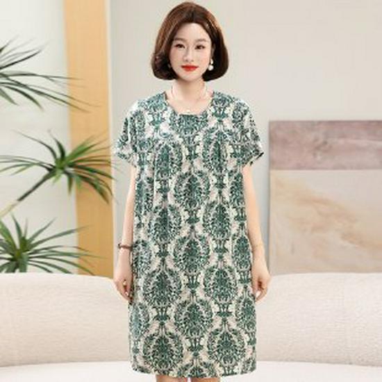 Summer Cotton Silk Knee-Length Floral Dress for Middle-Aged and Elderly Women - Short Sleeved, Lightweight, Plus Size, Loose Fit