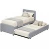 3ft Single Bed Frame with Trundle, Upholstered Pull Out Trundle Bed with Headboard and Footboard, Light Grey