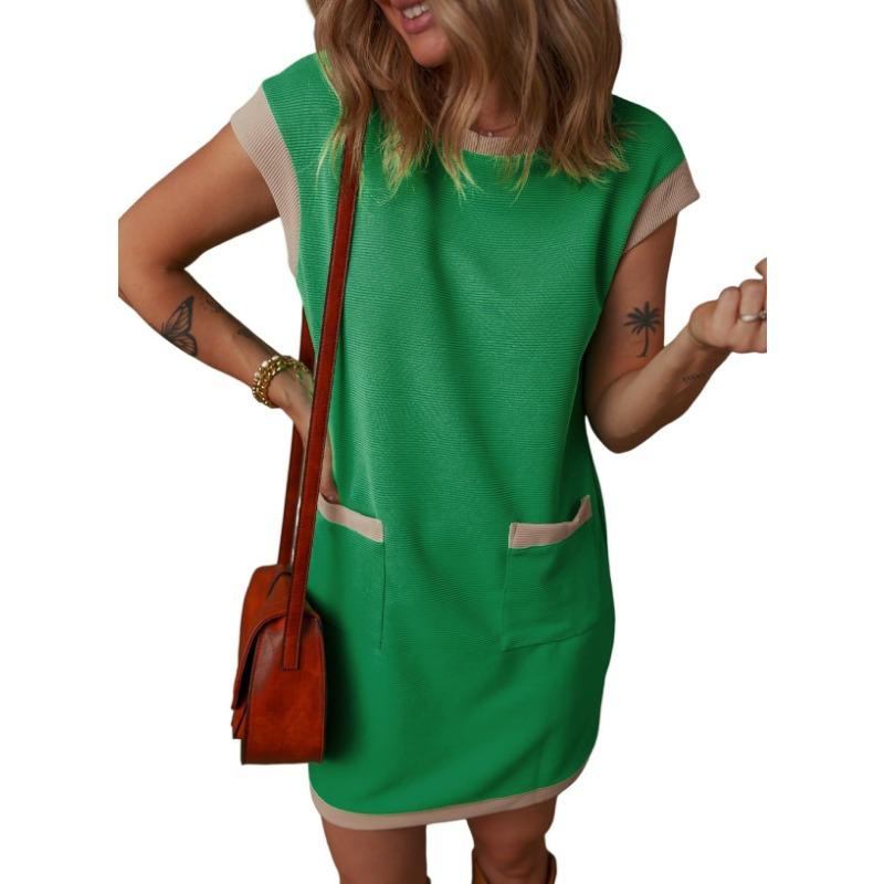 Damen Farbblock Kurzarm Pullover Tasche A-Linie T-Shirt Kleid