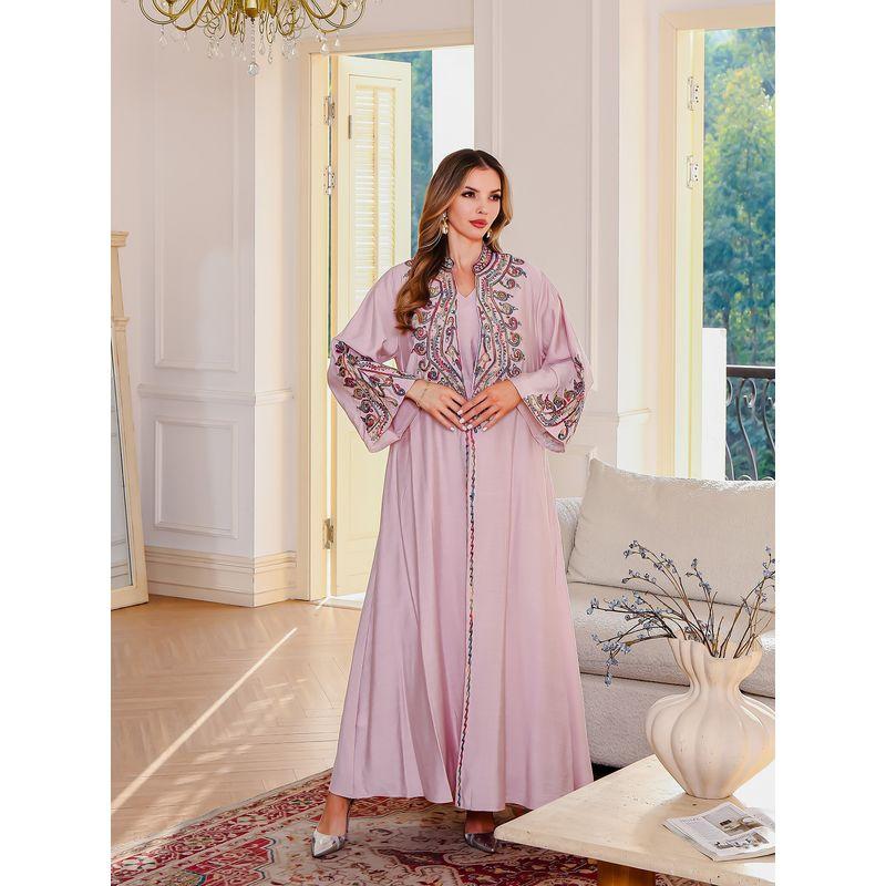 New Embroidered Stand Collar Cardigan Robe Base Skirt Middle East Dress Evening dress Two piece dress set Dress