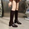 High Heel Women's Boots Boots Women's 2025 New Winter Knight Boots Thick Heel Square Head Brown Over Knee Boots