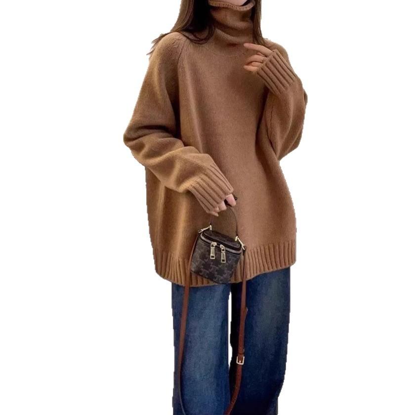 Autumn and Winter New Turtleneck Sweater Women's Loose Thick Curling Heap Collar Lazy Soft Waxy Knitted Sweater Top