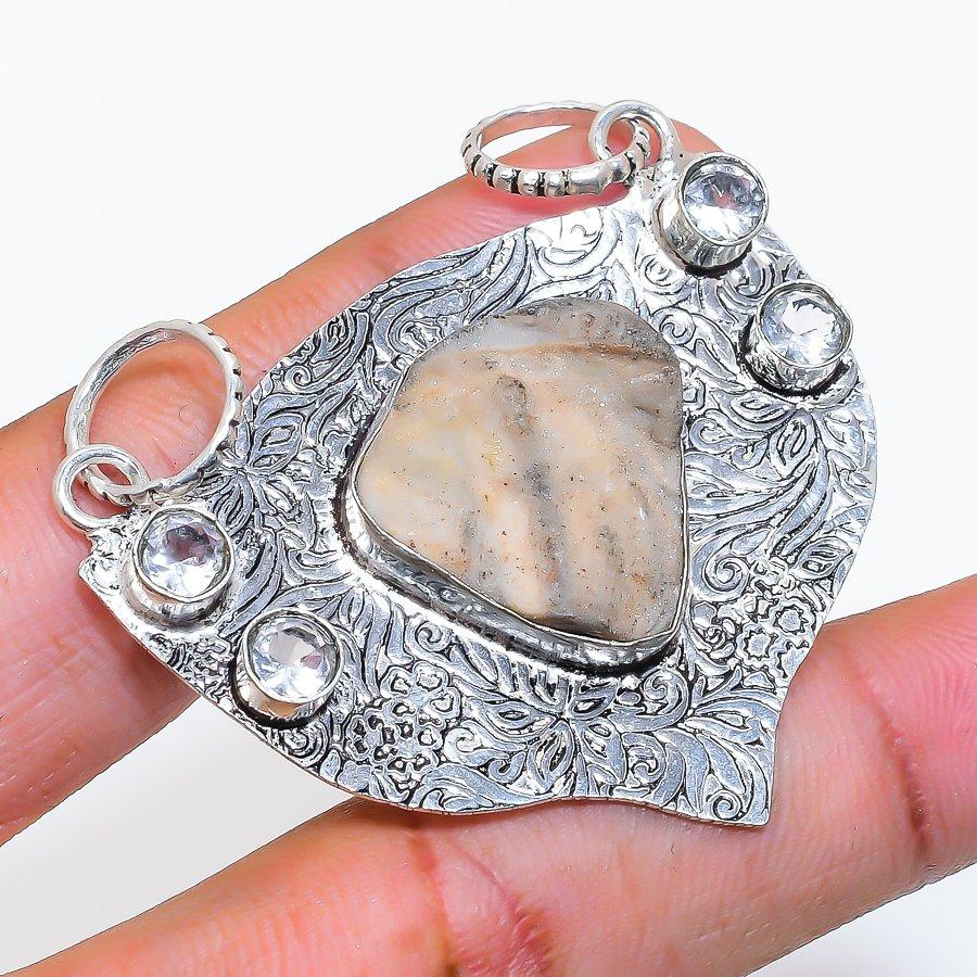 Natural Desert Rose Druzy, Tourmaline 925 Sterling Silver Pendant 1.97" ZS-301