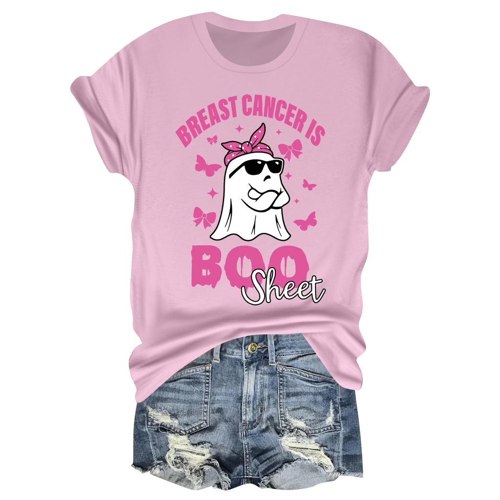 Women's Casual Halloween Breast Print T-Shirt Round Neck Pullover Short Sleeve Top