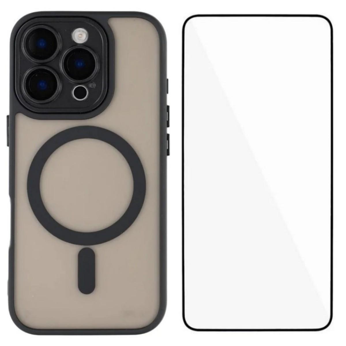 

For iPhone 16 Pro Max Case Compatible with MagSafe WANLONFENG QB Series PC TPU Phone Cover with Screen Film Black