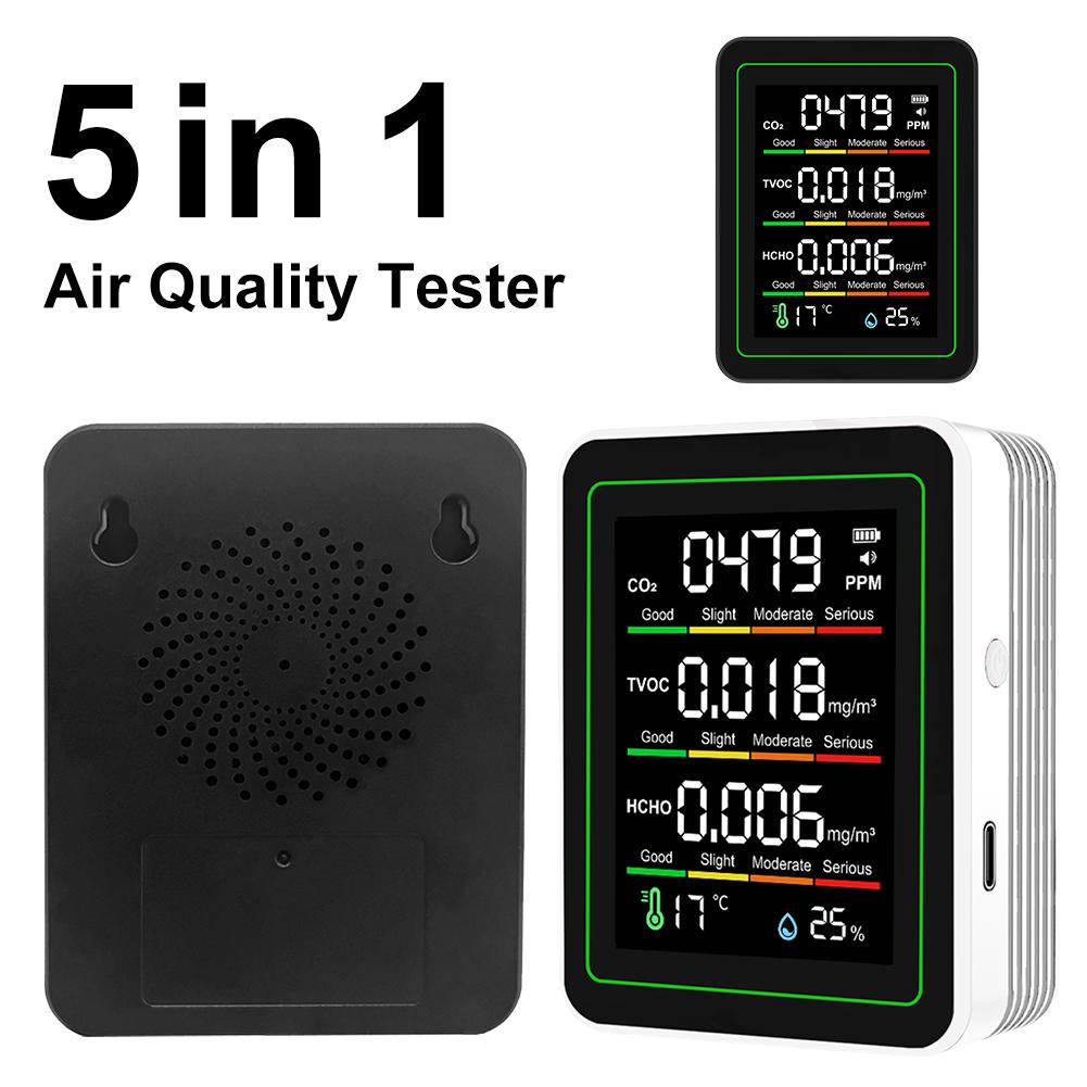 5 in 1 Indoor Air Quality Monitor CO2 TVOC HCHO Tester Temperature Humidity Detector Air Quality Tester for Home Office