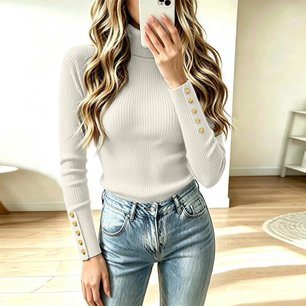 Women's High Neck Pullover Knit Sweater with Decorative Buttons - Casual Winter Fashion Top