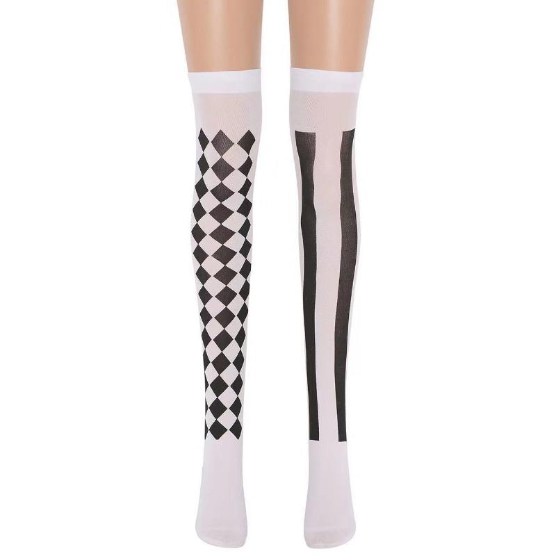 Clown Asymmetrische Gestreifte Gedruckte Overknee Lange Socken Halloween Oberschenkel Hohe Strümpfe Cosplay Kostüm Strumpfhosen für Frauen