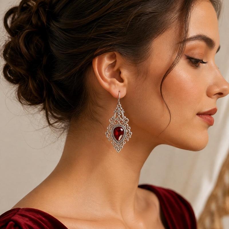 Imitation Gemstone Pendant Dangle Earrings Silver Tone Filigree Scroll Chic Jewelry for Women Festival Gift Accessory