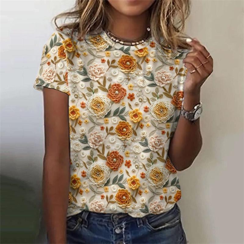 Camiseta feminina com estampa de flores e folhas em 3D, manga curta, estampa de plantas, gola redonda, casual, verão, camisetas femininas, camisetas grandes