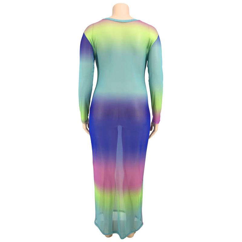 Plus Size Colorful Tie Dye Bandage Dress Women Long Sleeve Mesh Transparent Sexy Club Party Dresses