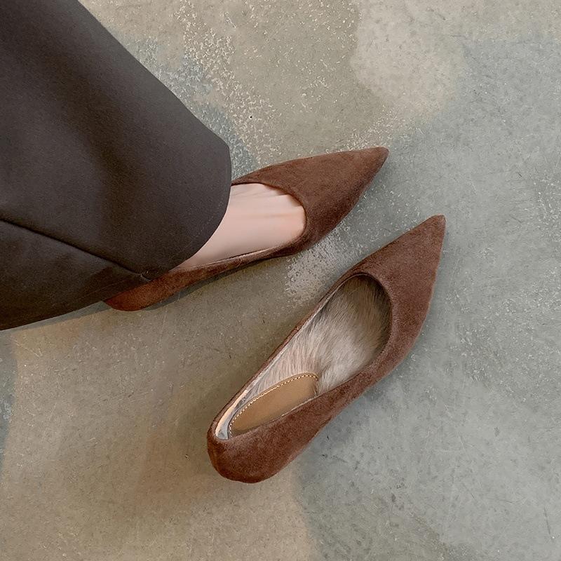 Fleece Women's Single Shoes 2025 Autumn New Korean Version High-heeled Leather Single Shoes Women's Commuting One-pedal Doudou Shoes Floating Shoes