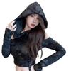 European & American Wasteland Style Tie-Dyed Off-Shoulder Ripped Hooded Long-Sleeve Women's T-Shirt