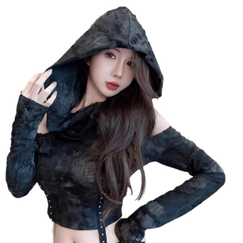 European & American Wasteland Style Tie-Dyed Off-Shoulder Ripped Hooded Long-Sleeve Women's T-Shirt