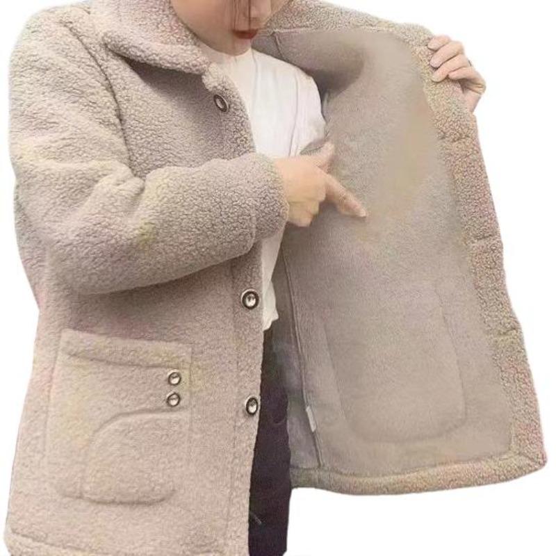 Winter Fleece Coat Thickened Single-breasted with Side Pockets Turn-down Collar Coldproof Solid Color Long Sleeves Outwear Jacket