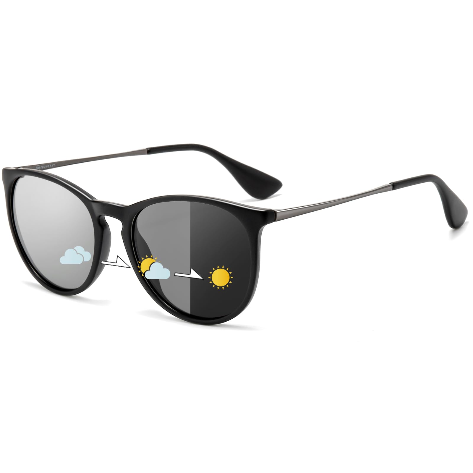 

SUNGAIT Vintage Round Classic Retro Designer Style Frame Men s Sunglasses, (Black (Matte Finish)/Photochromic Lenses)