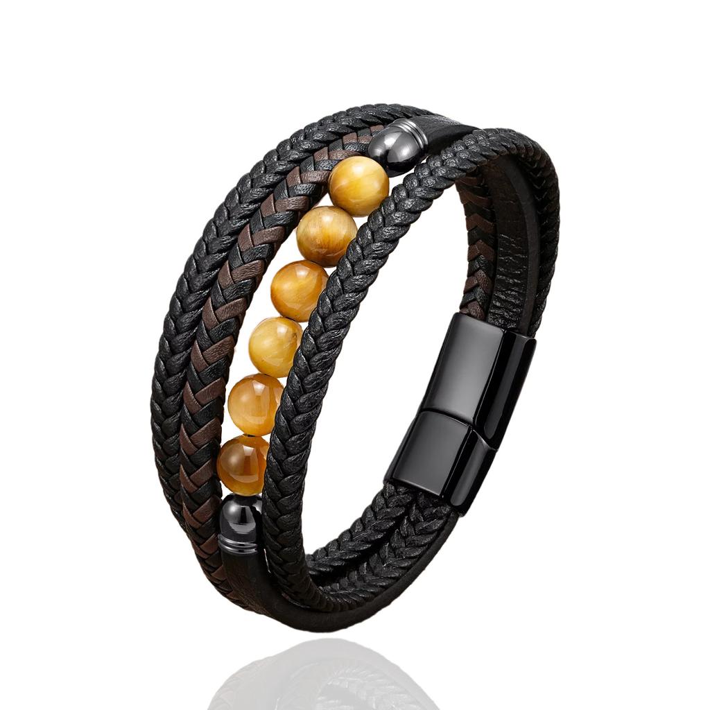 2026 European and American Buckle Fashion Jewelry Multi-layer Leather Rope Hand-woven Bracelet Stone Bracelet