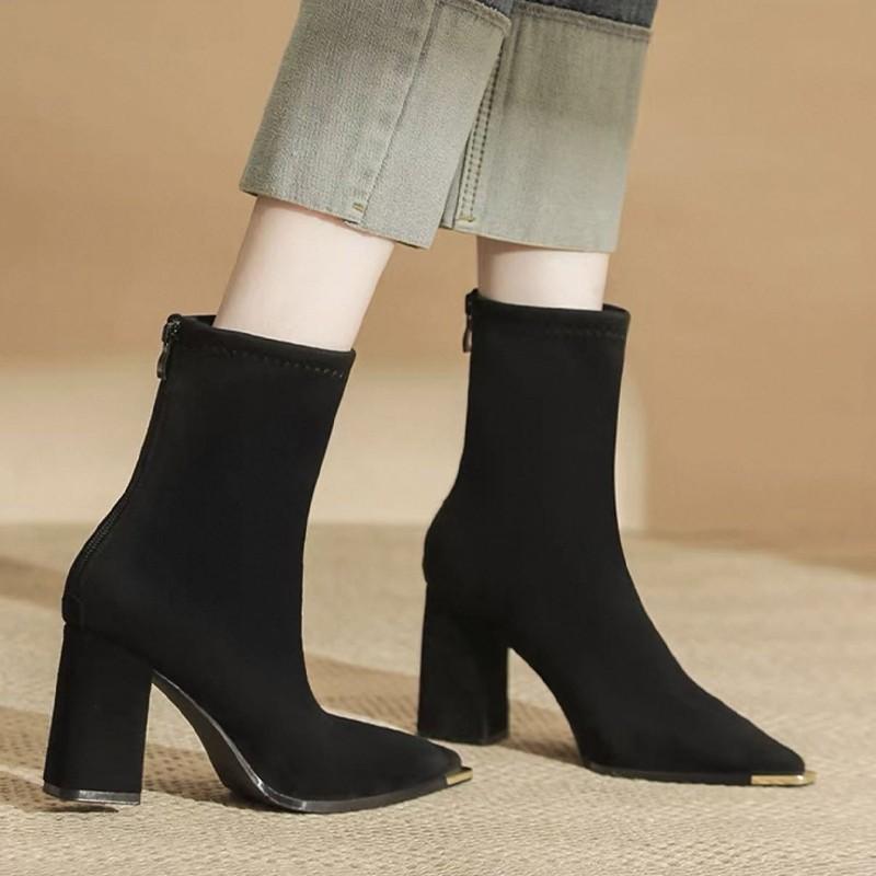 

Women s New Autumn Chunky Single Boots Pointed Suede Splicing Anti-slip Wear-resistant Ankle Boots High Heel Short Boots 35 чёрный