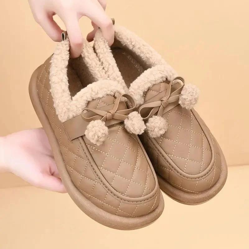 

Women s Winter Thickened Fleece Lined Bean Shoes with Bow Knot Fashionable Fur Waterproof Rubber Sole Round Toe Flat Shoes 36