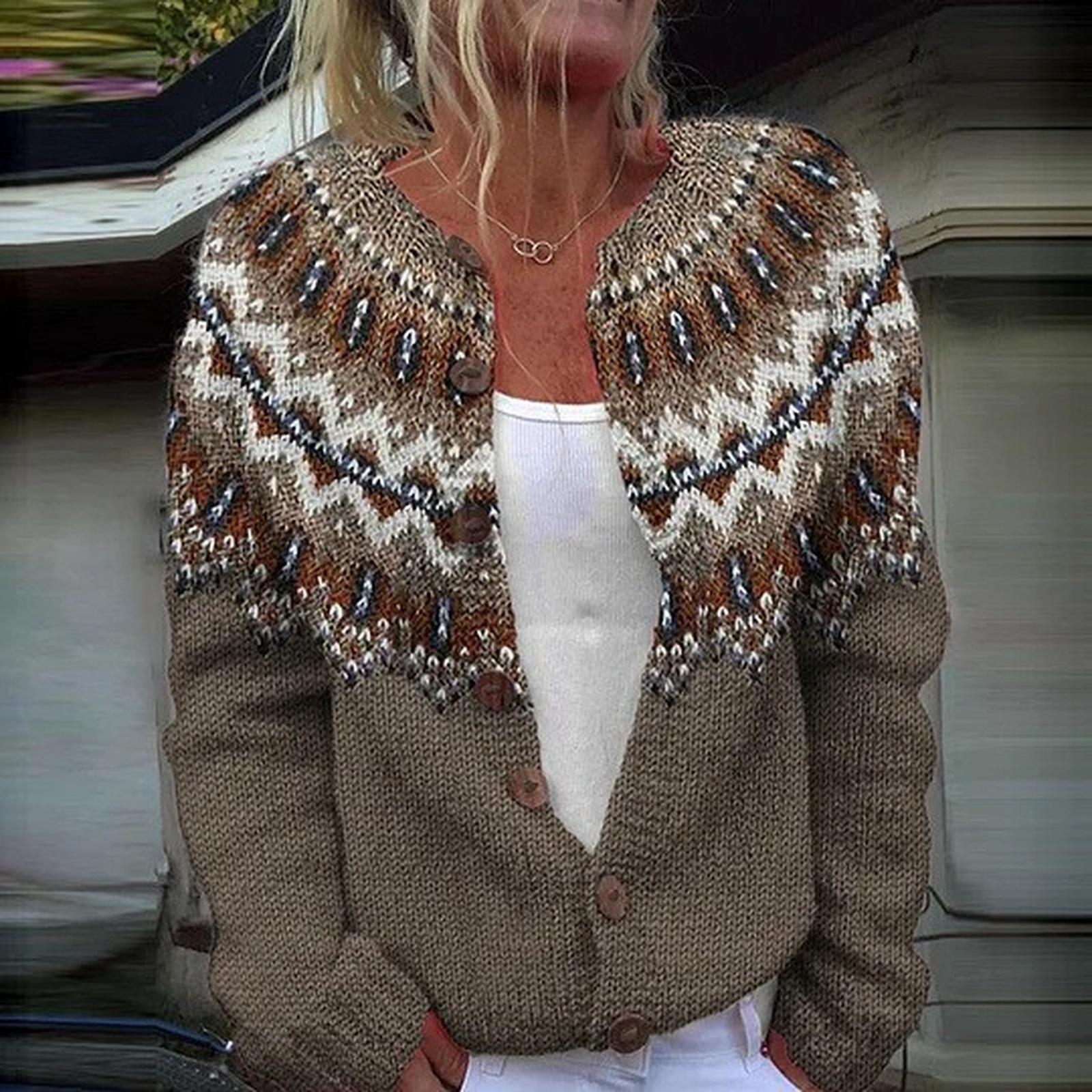 

Кардиганы в стиле Fair Isle для женщин, с круглым вырезом, свободного кроя, на пуговицах, объемный свитер, с открытой передней частью, повседневная вязаная куртка на осень XXL кофейный
