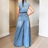 Elegant Women's Sleeveless Washed Denim Jumpsuit with Wide-Leg Pants